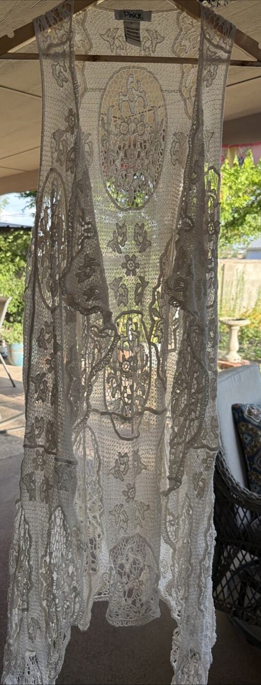 Womens Boho Open Knit Crochet Festival Duster Cardigan Size L Ivory Sheer Dainty